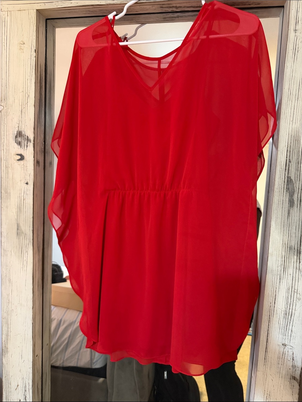 Express Red Sheer V-Neck Tunic Top